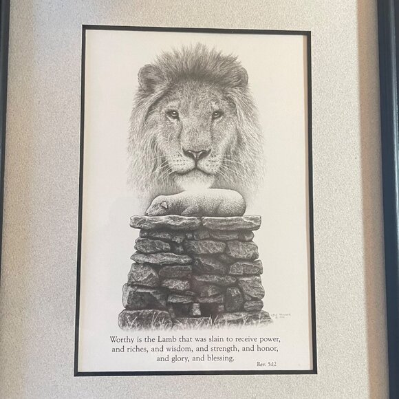 Lion & Lamb Framed Religious Artwork By Sue Christmas 1992 Rev 5:12 Bible Verse - Picture 7 of 11
